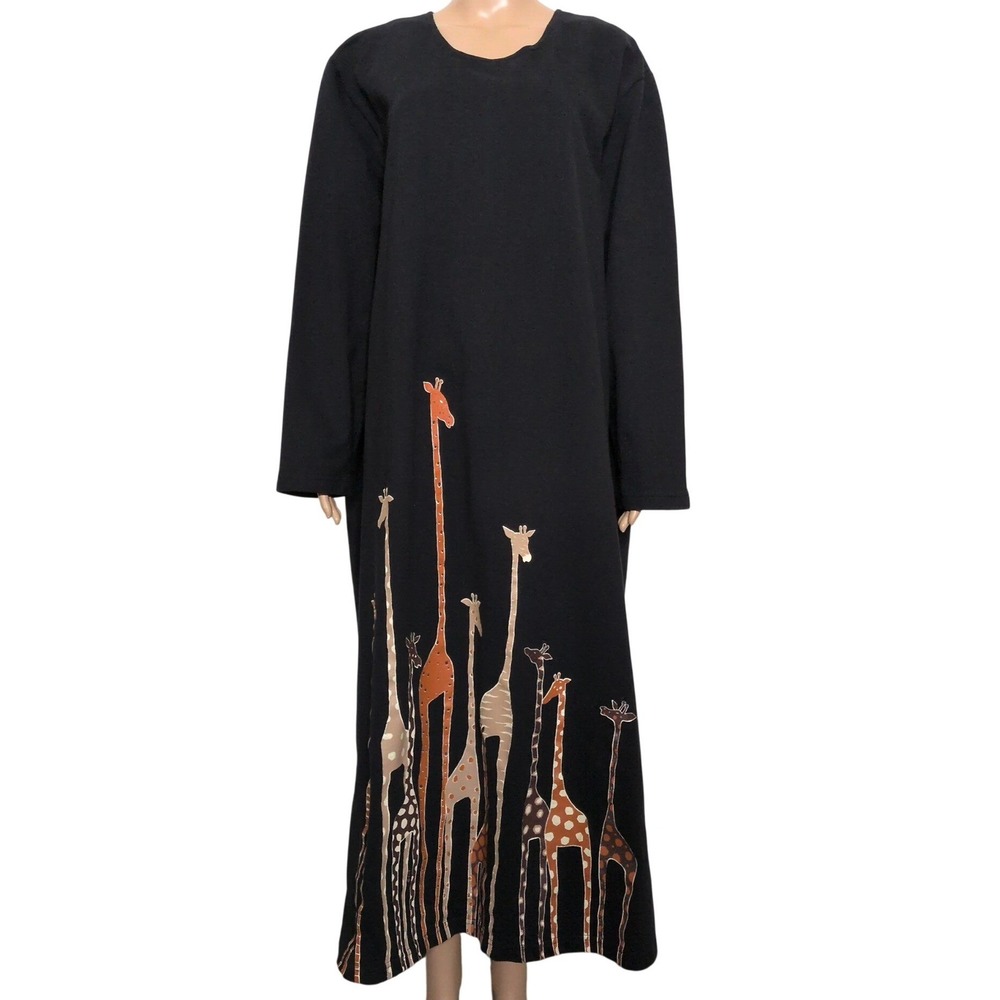 Cite Vintage Black Cotton Giraffe Print Maxi Dress Long Sleeve USA Made 3XL